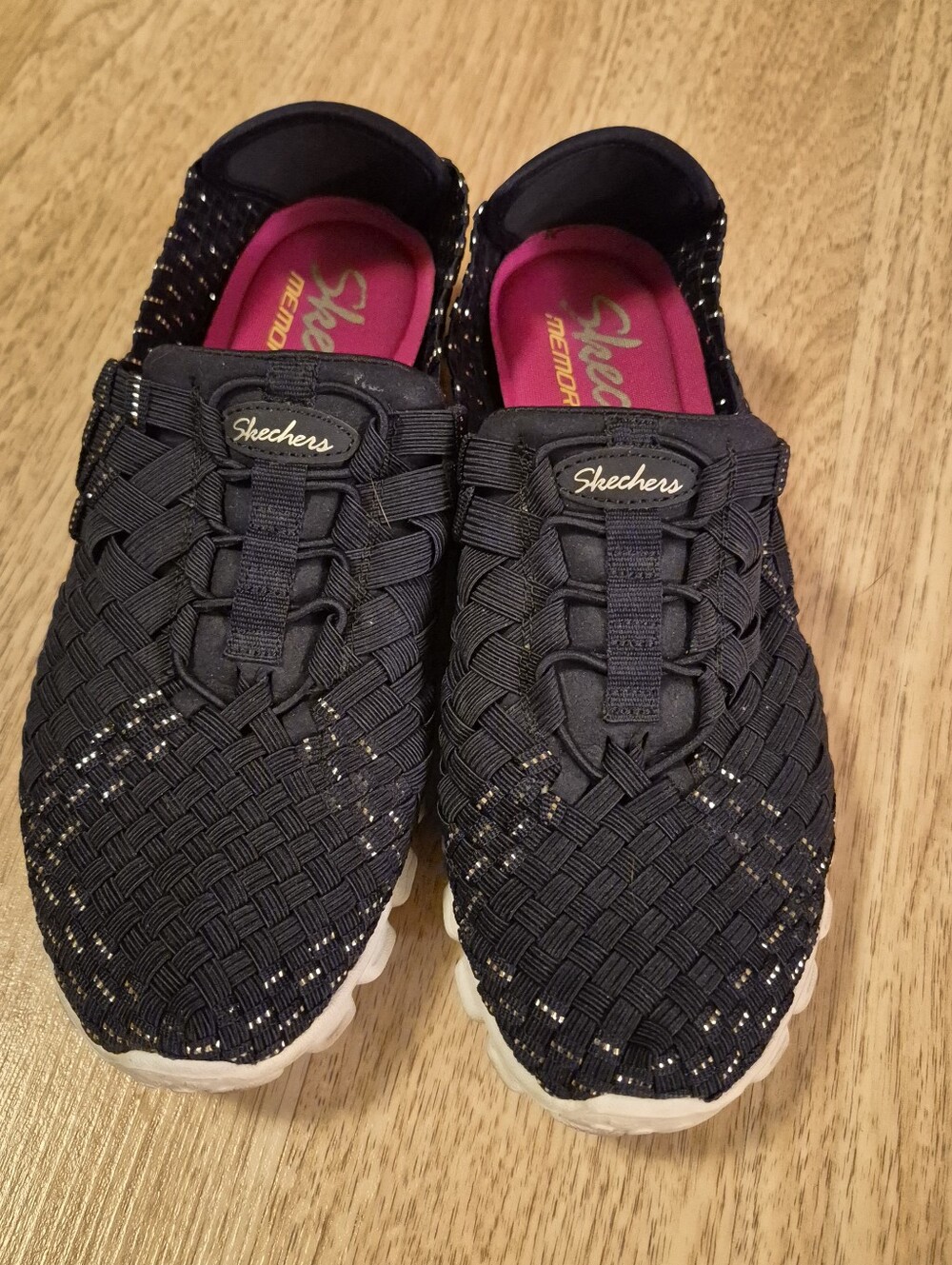 Skechers Navy Woven Slip-On Sneakers with Pink Insoles - Picture 4 of 9
